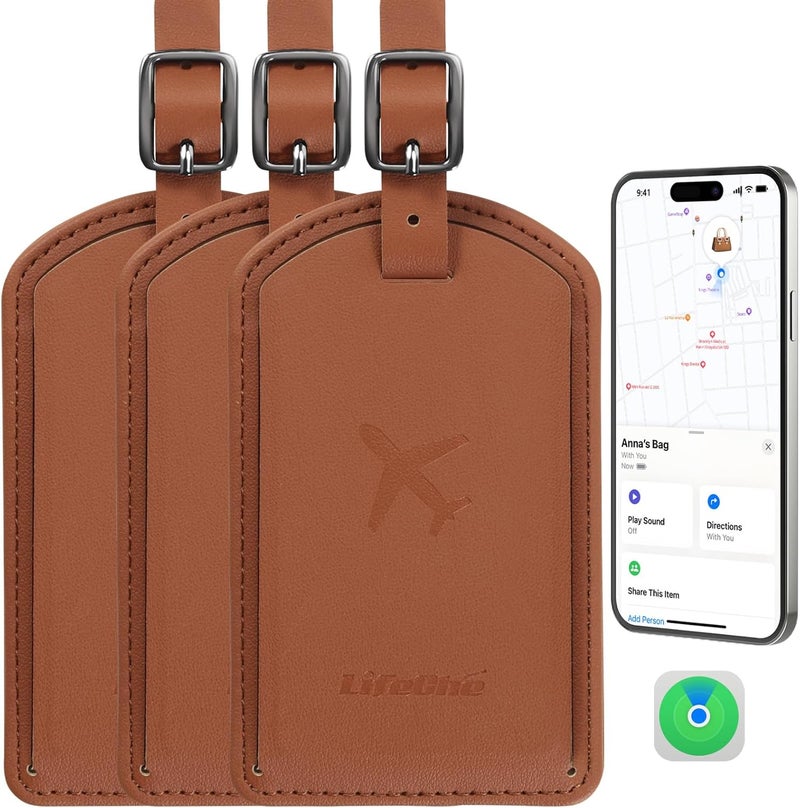 LifeChé Luggage Tags Built-in Anti-Loss Tracker, Luxury Leather Luggage Tags for Suitcase, Travel Bags, Backpacks, Travel Organizer for Lost Baggage Prevention (Brown*3 Pack) - Image 1